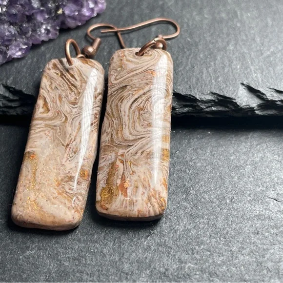 REDUCED Artisan Caramel Brown And Creamy Copper Swirl Pattern Earrings - Picture 4 of 9